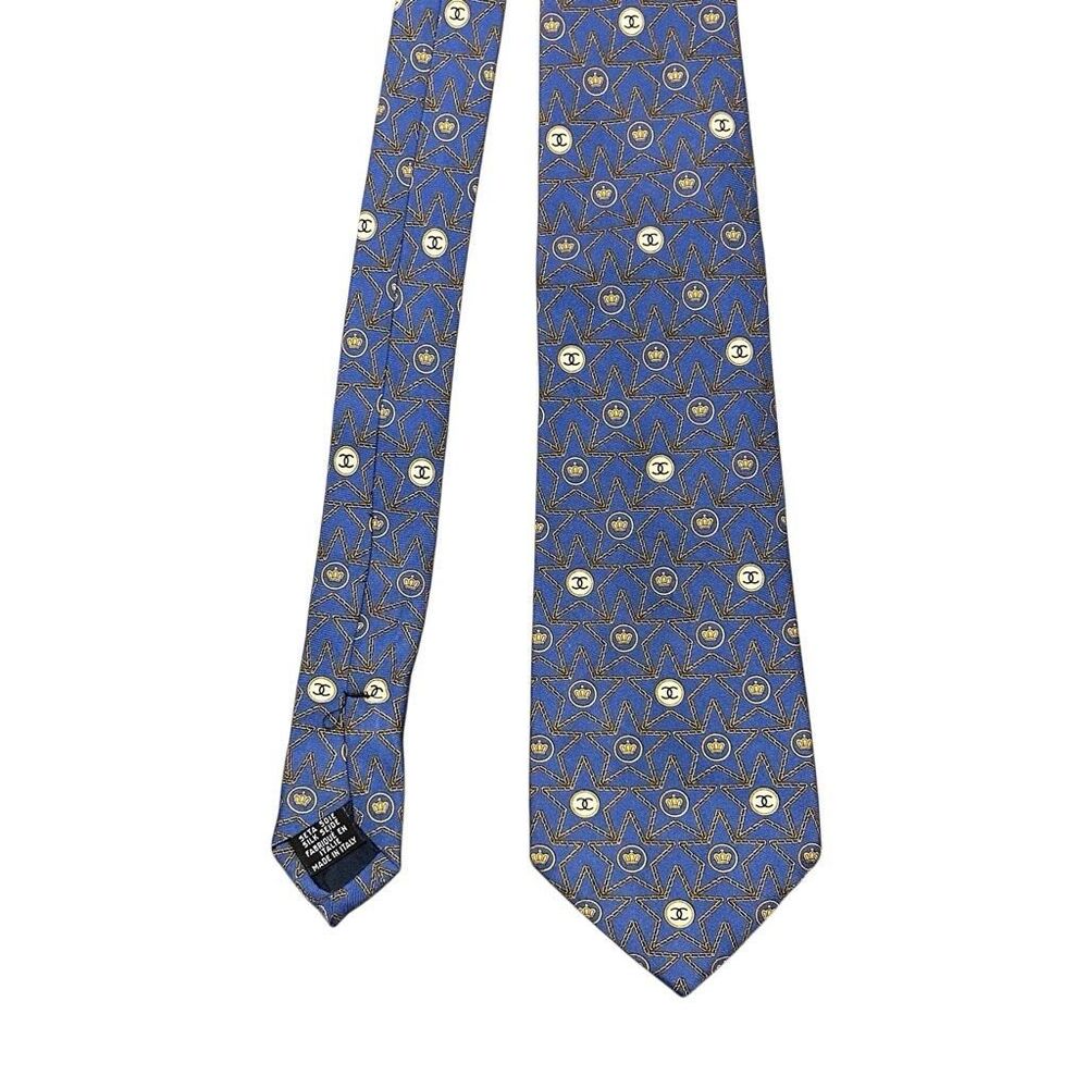 CHANEL Mens Navy Blue Silk Designer Neck Tie Adjustable Star Pattern Logo - Picture 4 of 13